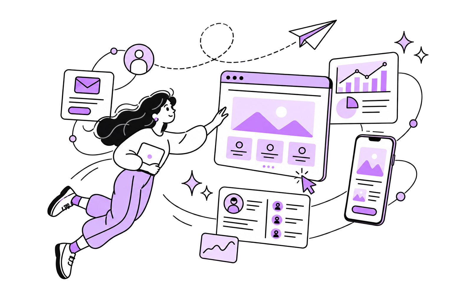 A digital product designer connecting a website, mobile experience, enquiries and analytics