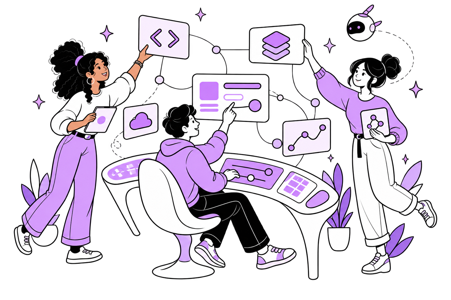 Three collaborators shaping connected digital products together